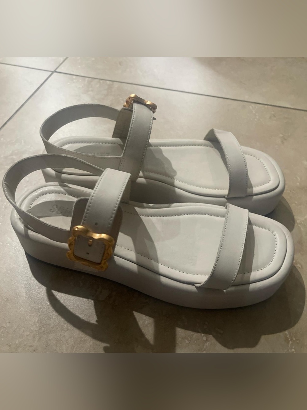 SCHUTZ White Platform Slingback Sandals with Gold Buckle